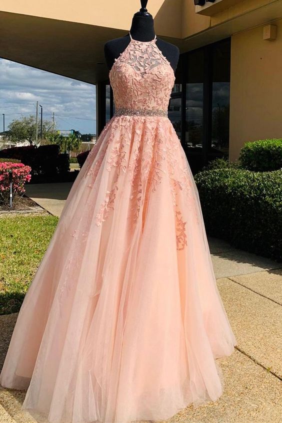 halter A-line pink tulle and lace appliques long prom dress    cg21516