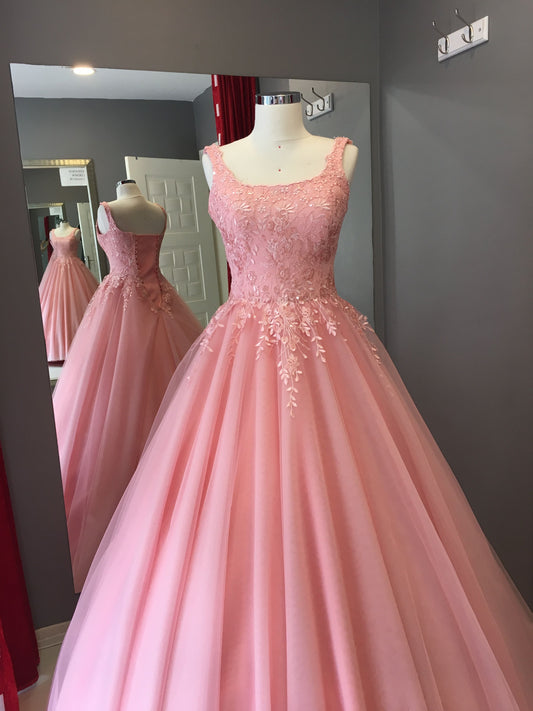 A-line pink tulle and lace appliques long prom dress    cg21517