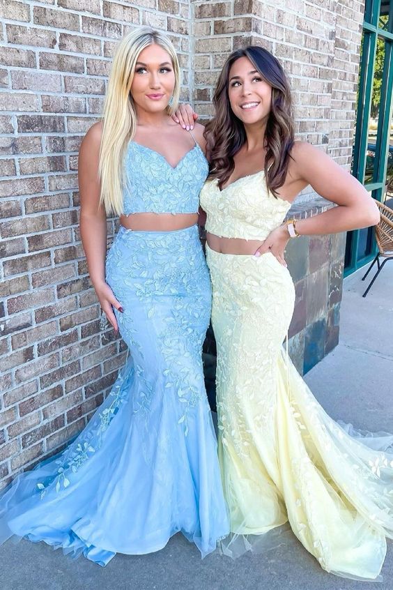 2022 two piece lace appliques long prom dress features with spaghetti straps and mermaid skirt   cg22518