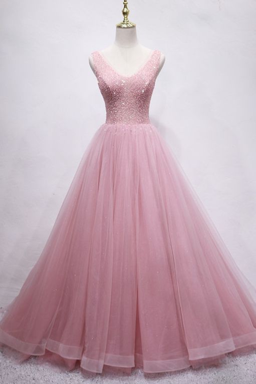 A-line blush pink tulle long party prom dress with beaded bodice    cg21520