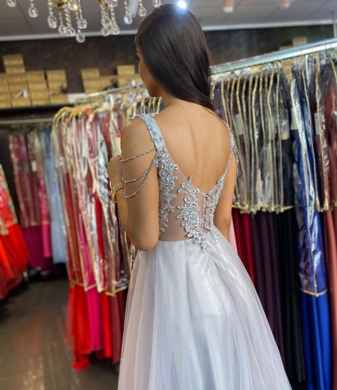 Women Sleeveless Silver Lace A-Line Prom Dresses Long    cg21523