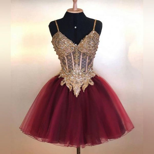 short homecoming dress burgundy beads lace homecoming gowns    cg21528