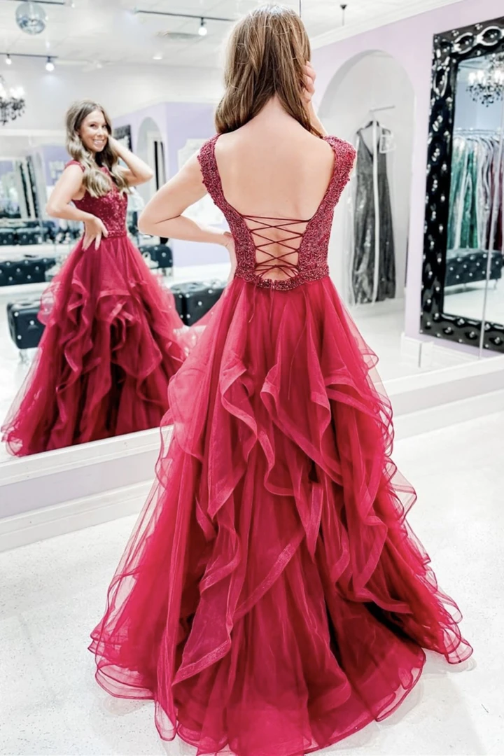 Red lace long A line prom dress red evening dress    cg21531