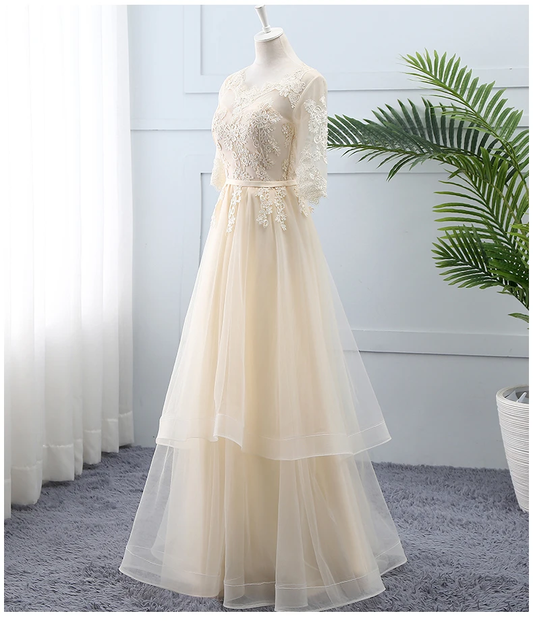 Light Champagne Tulle Lace Short Sleeves Wedding Party Dress, A-Line Long Formal Dress Prom Dress    cg21534