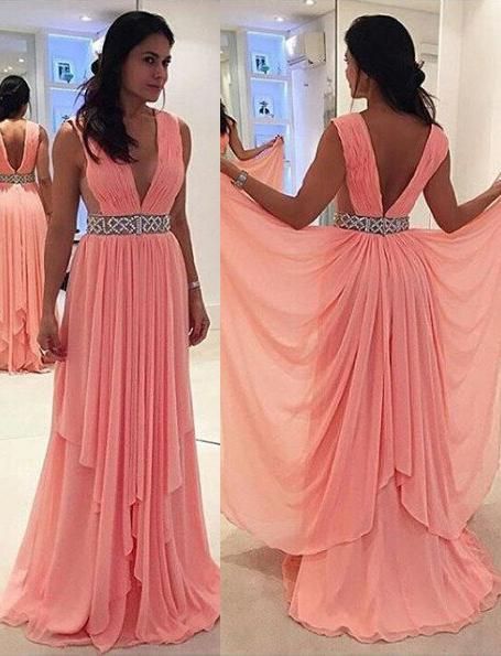 Column/Sheath V-Neck Sleeveless Natural Zipper Floor-Length/Long Chiffon Glamorous Pink Prom Dresses    cg21550