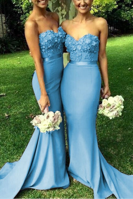 Smoky Blue Mermaid Bridesmaid Dresses 3D Lace Embroidery Sweetheart Formal prom Gown   cg21551