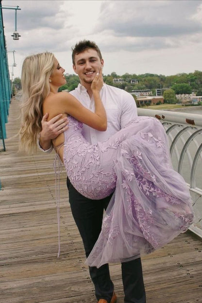 elegant mermaid lavender lace appliqued long prom dress with lace up back   cg21559