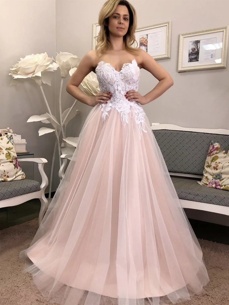 Strapless V Neck Pink Lace Floral Long Prom Dresses, Pink Lace Formal Dresses, Pink Evening Dresses   cg21566