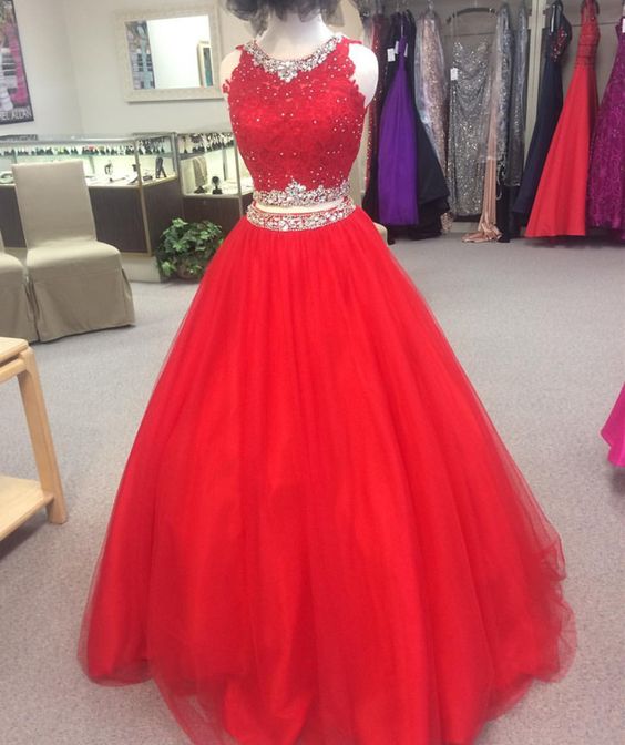 Charming Beaded Red Prom Dress, Long Prom Dresses, Sexy Red Tulle Evening Dress   cg21571