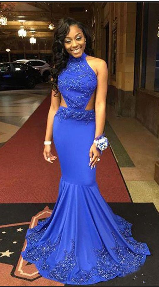 Royal Blue Satin Prom Dress Halter Neck Beaded Women Party Dress   cg21573