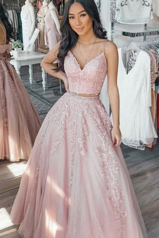 A Line V Neck Two Pieces Lace Appliques Pink Prom Dresses with Belt, 2 Pieces Pink Lace Formal Dresses, Lace Pink Evening Dresses   cg21581