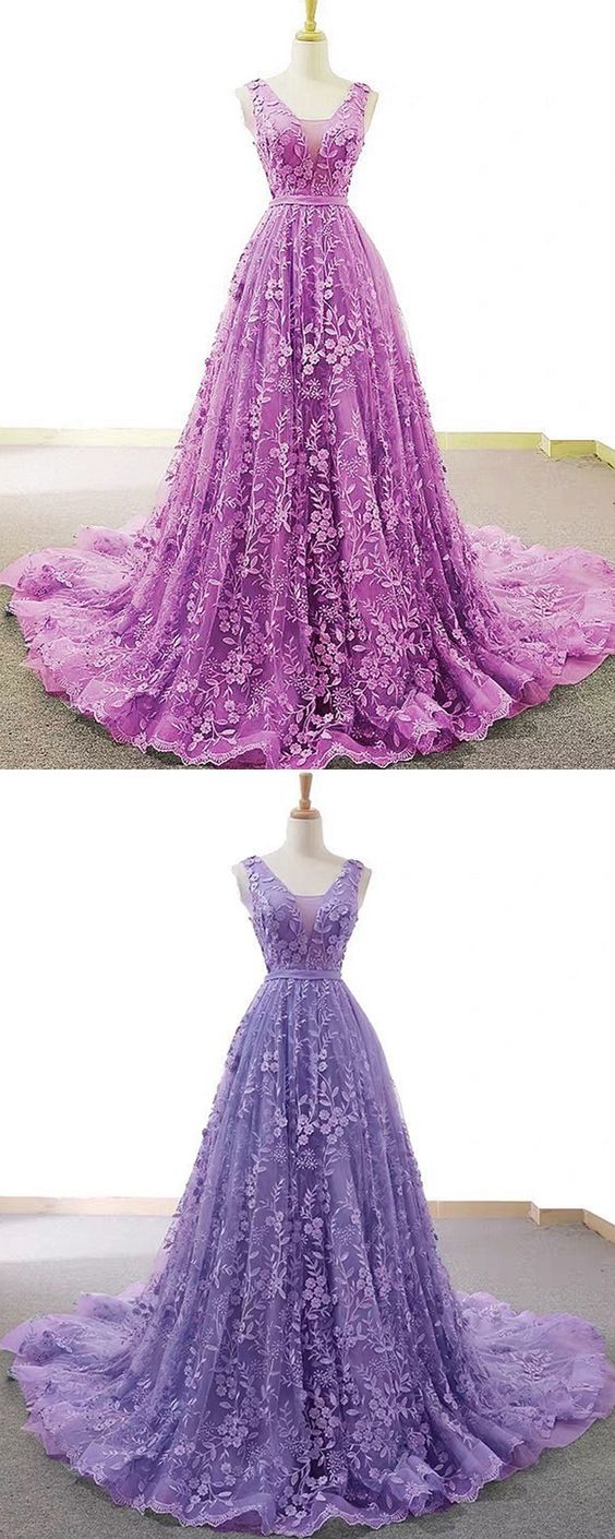 Light Purple V-neck Lace A-line Prom Dress    cg21609