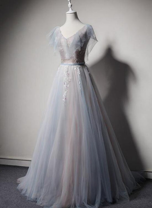 Light Blue And Pink V-Neckline Tulle With Lace Evening Dress, A-Line Long Prom Dress Party Dress   cg21629