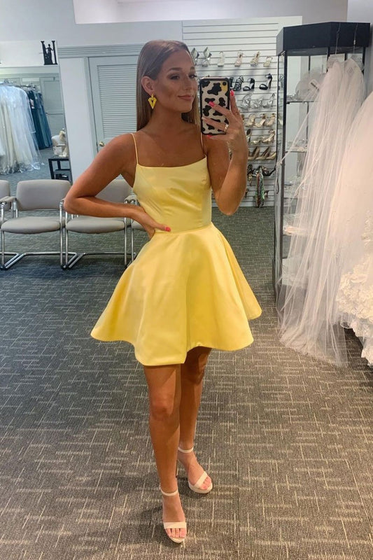 Simple yellow satin short dress yellow homecoming dress    cg21631