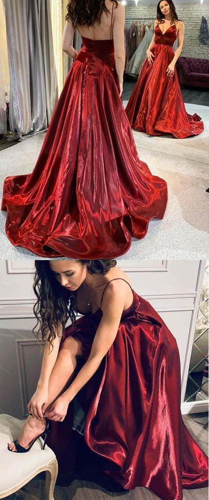 Elegant Satin Spaghetti Straps Sexy V Neck Long Burgundy Prom Party Dress    cg21659