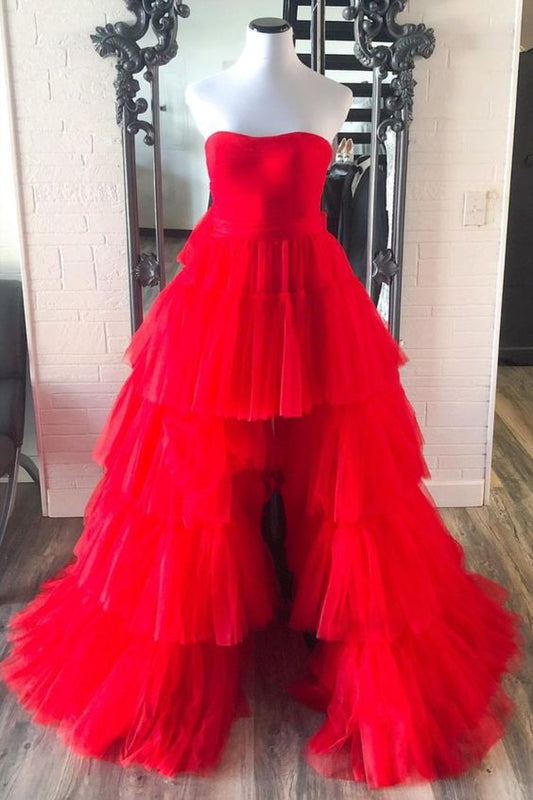 strapless red tulle high low party dress birthday party dress prom dress 2022   cg21665