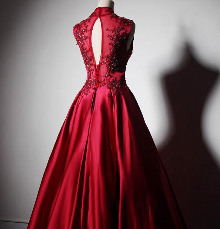 Wine Red Satin Lace Beaded High Neckline Long Party Dres, Dark Red Floor Length Prom Dress   cg21675