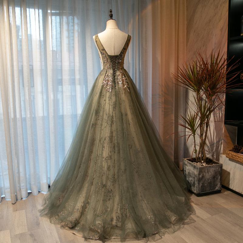 Beautiful Tulle With Applique Light Green Round Neckline Prom Dress, Low Black Long Formal Dress   cg21676