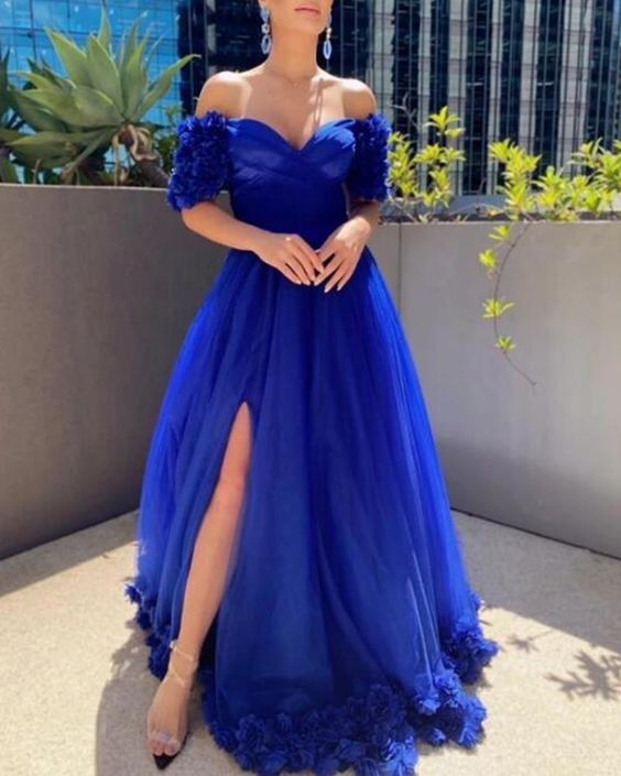 Beautiful Off the Shoulder Short Sleeves Royal Blue Long Prom Dresses with Handmade Flowers    cg21704