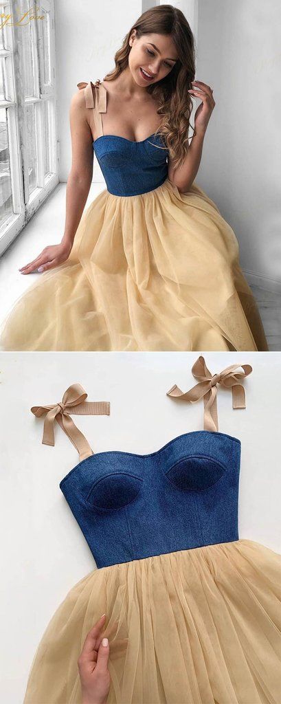 Blue and Champagen Tea Length Casual Prom Dress Girls Party Gown    cg21705