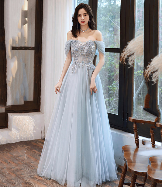 GRAY TULLE LACE LONG A LINE PROM DRESS EVENING DRESS    cg21706