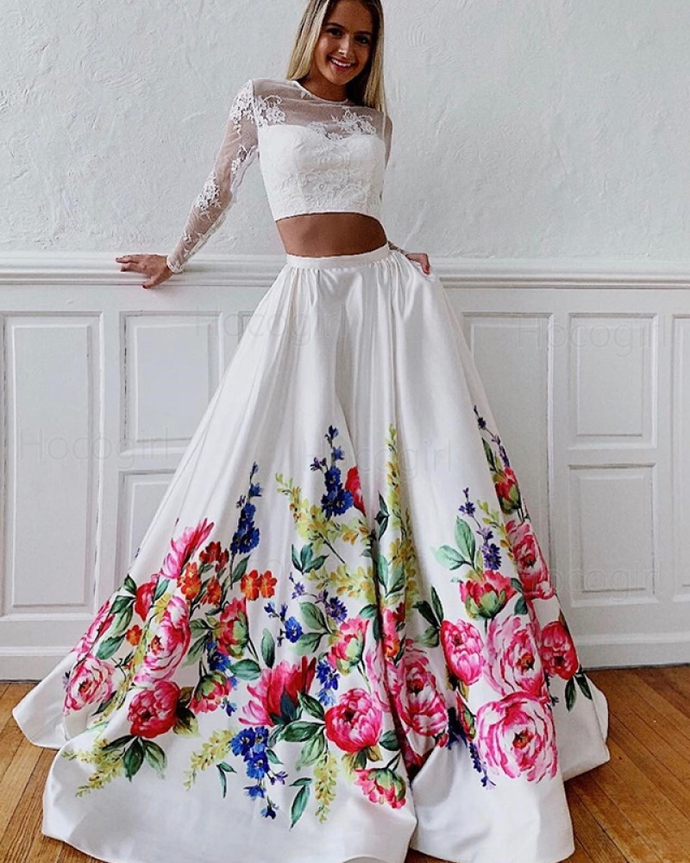 White satin evening dress Floral Prints Prom Dresses    cg21719