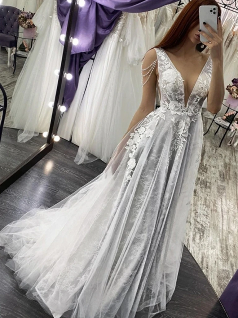 A Line V Neck Open Back Beaded Ivory Lace Long Prom Dresses with Gray Lining    cg21721