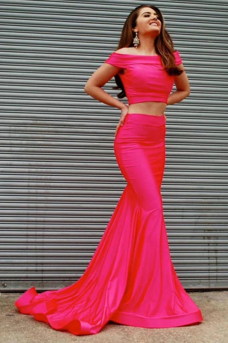 Simple pink two pieces satin mermaid long prom dress pink formal dress    cg21727