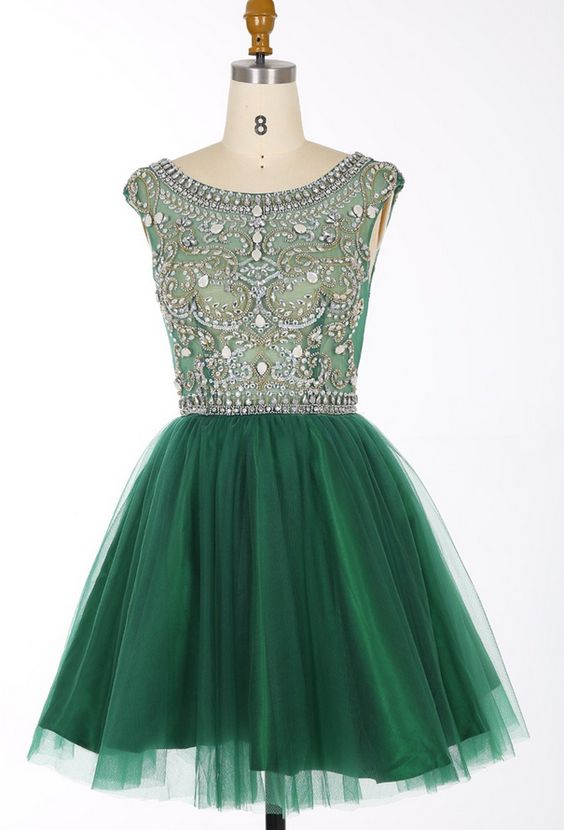 Green Beaded Embellished Round Neck Sleeveless Short Tulle Homecoming Dress   cg2174
