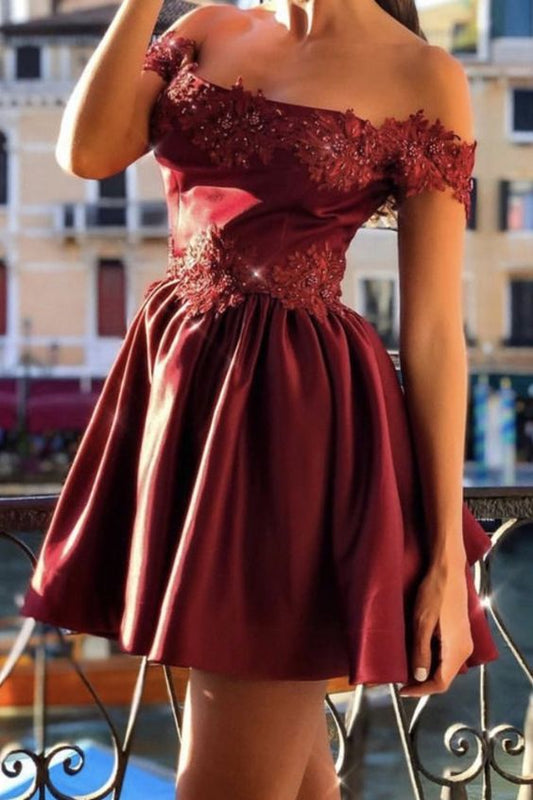 Cute Homecoming Dresses Burgundy Lace Appliques Off The Shoulder    cg21755