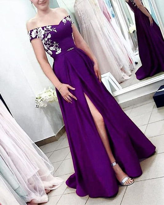 Long Split Prom Dresses Off Shoulder Lace Embroidery     cg21757