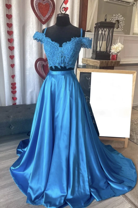 Blue lace long A line prom dress two pieces evening dress    cg21777