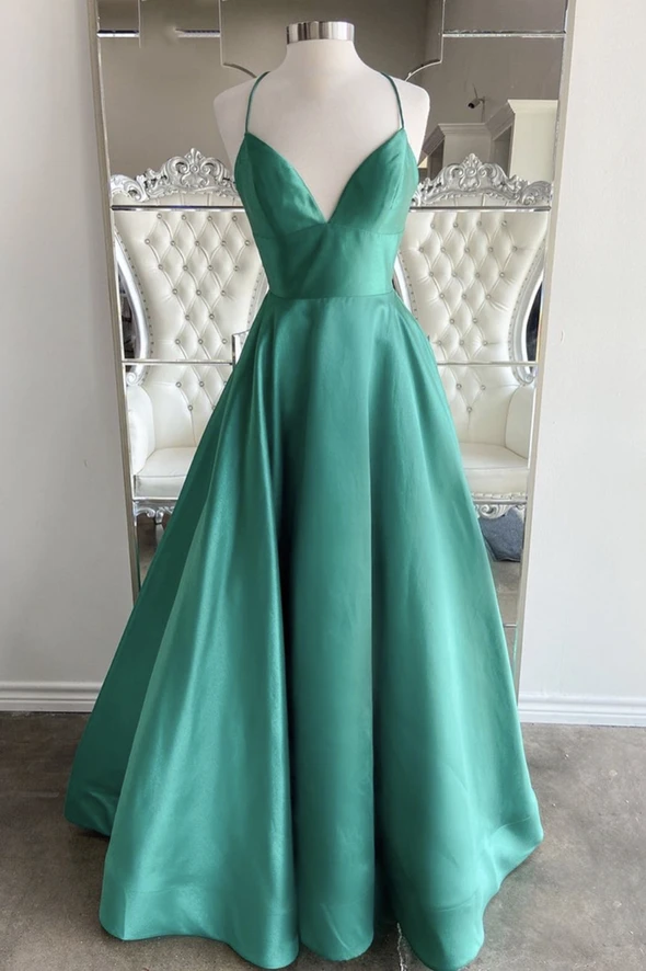 Green satin long A line prom dress simple evening dress    cg21778