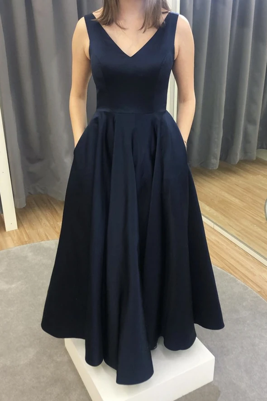 Blue v neck satin long A line prom dress evening dress    cg21782