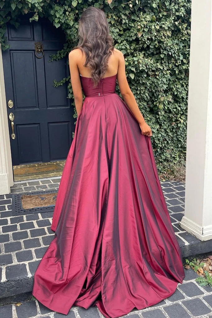 A Line V Neck Open Back Burgundy Long Prom Dresses with High Slit    cg21783