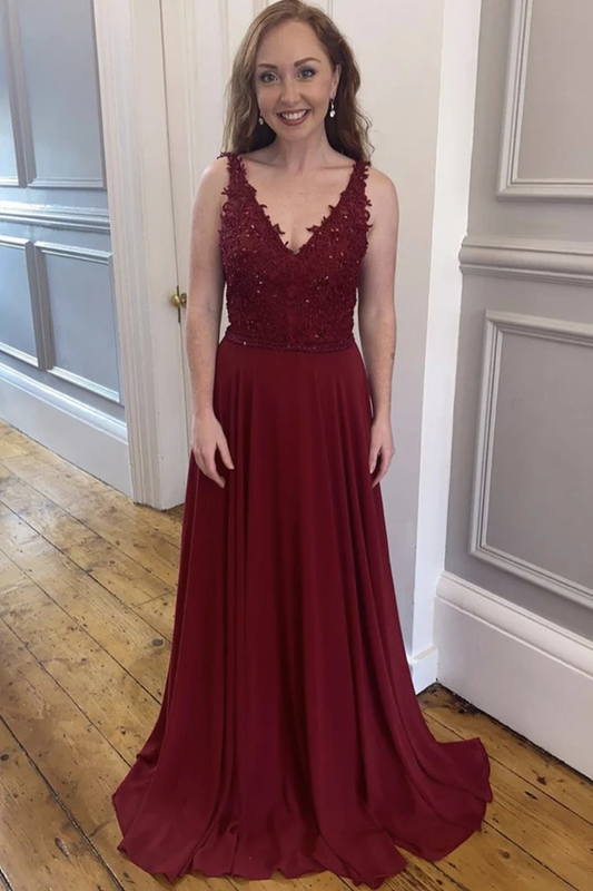 Burgundy lace long A line prom dress evening dress    cg21788