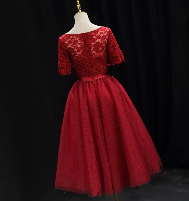 Red Lace Top Short Sleeves Tulle Tea Length Party Dress, Red Wedding Party Dress Homecoming Dress    cg21794