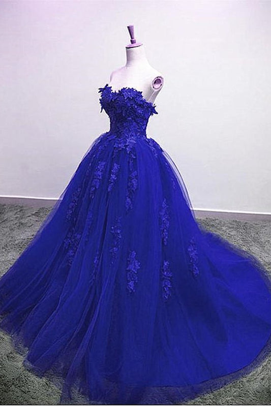 Gorgeous Blue Lace Floral Long Prom Dress, Blue Appliques Formal Evening Dress, Blue Ball Gown   cg21807