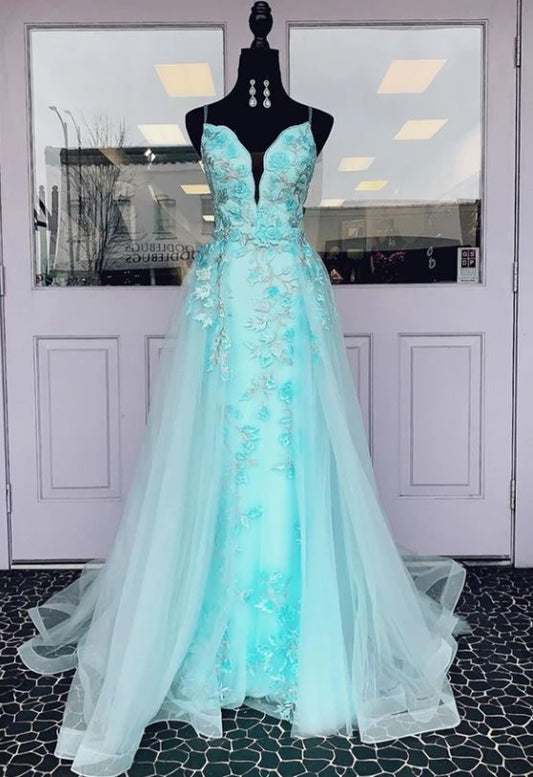 Blue tulle lace long prom dress evening dress    cg21808