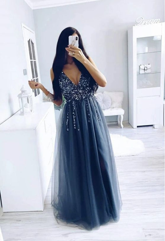 Dark gray tulle beads prom dress formal dress    cg21810