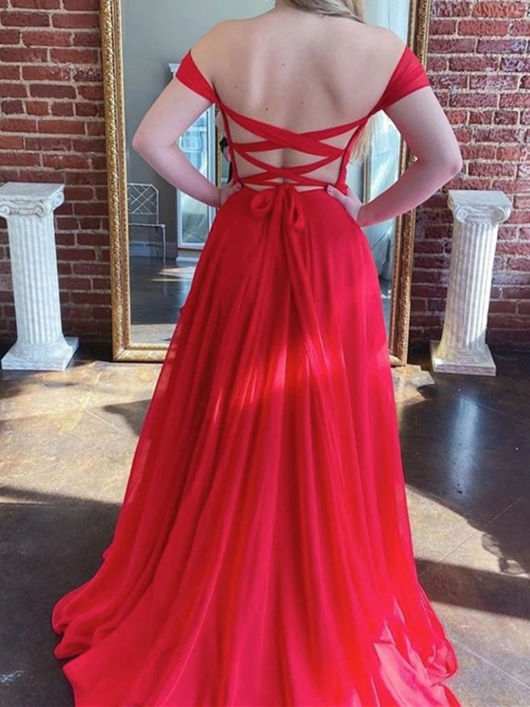 Off Shoulder Open Back Red Long Prom Dresses with High Slit    cg21826