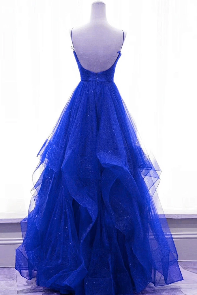 Royal Blue Shiny Tulle V-Neckline Straps Long Party Dress, A-Line Tulle Prom Dress Evening Dress   cg21830