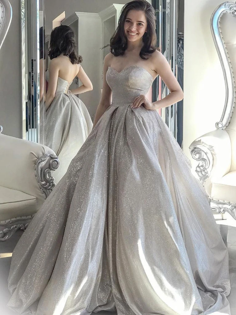 GRAY SWEETHEART NECK TULLE SEQUIN LONG PROM DRESS GRAY FORMAL DRESS   cg21832