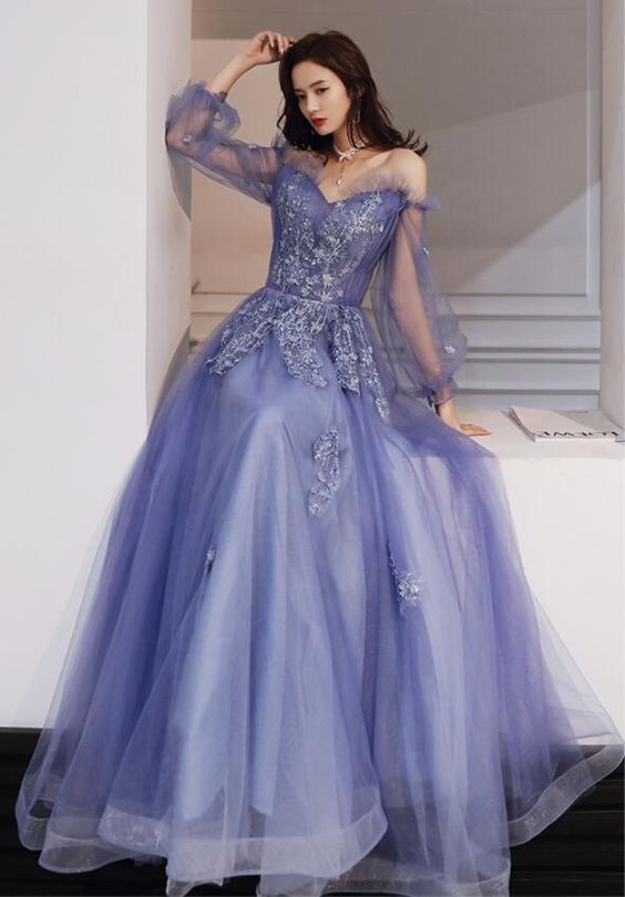 Blue Purple Tulle Long Sleeves Lace Applique Formal Gown, Blue-Purple Evening Dress Prom Dress    cg21874