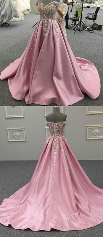 Pink Off Shoulder Satin Handmade Flowers Lace A Line Prom Dresses   cg21877