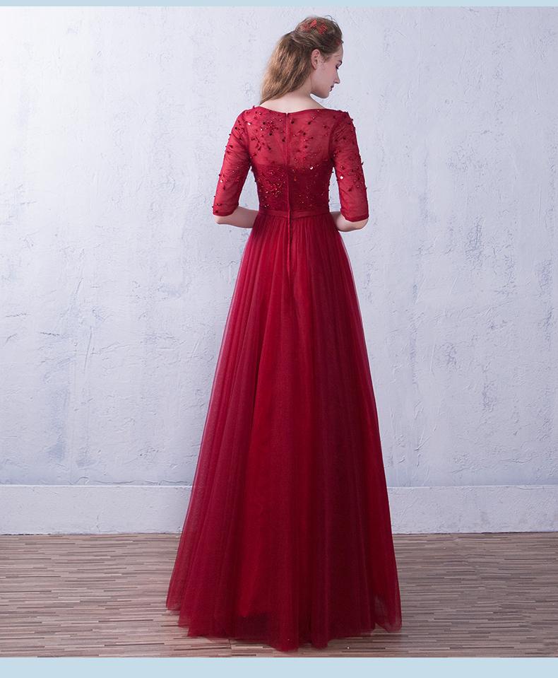 Wine Red Short Sleeves Beaded Tulle Wedding Party Dress, A-Line Tulle Long Prom Dress   cg21919