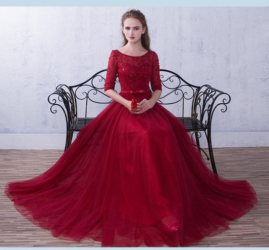 Wine Red Short Sleeves Beaded Tulle Wedding Party Dress, A-Line Tulle Long Prom Dress   cg21919