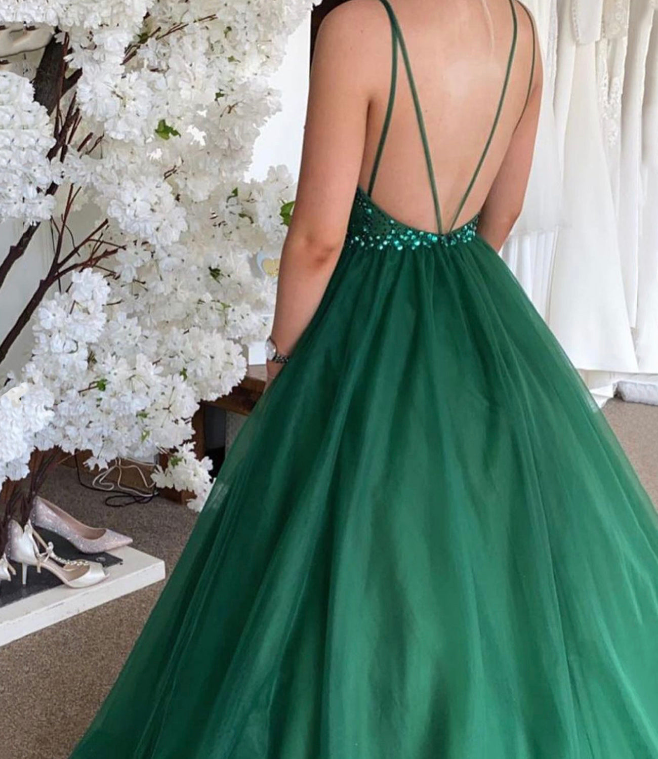 GREEN TULLE SEQUINS LONG A LINE PROM DRESS EVENING DRESS    cg21920