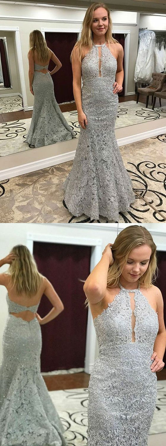 Mermaid Halter Grey Lace Backless Long Prom Dresses    cg21932