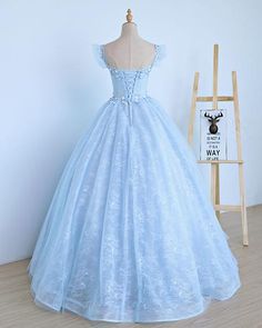 Light Blue Lace Cap Sleeve Long Sweet 16 Prom Dress, Evening Dress cg2195